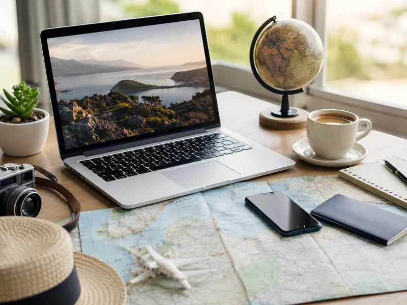 Documentos e roteiro de viagem organizados sobre a mesa