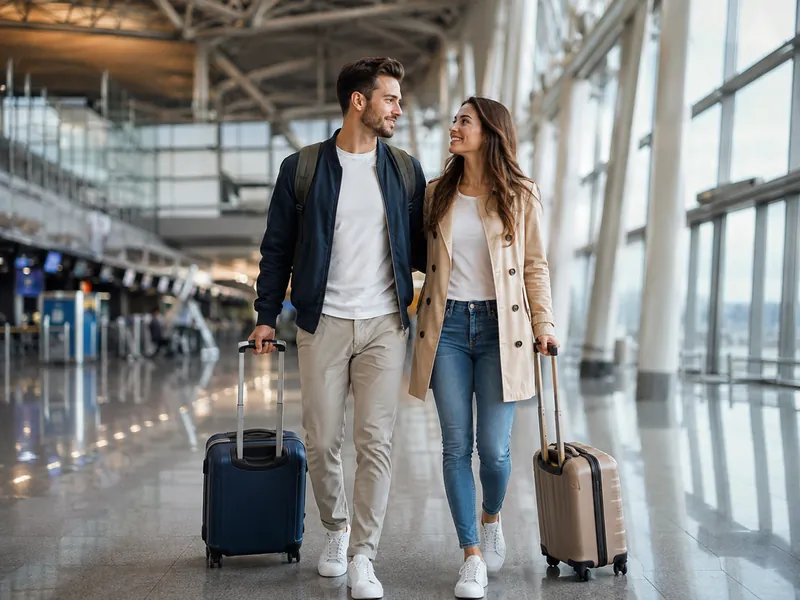 Casal com bagagem de mão no aeroporto antes do embarque